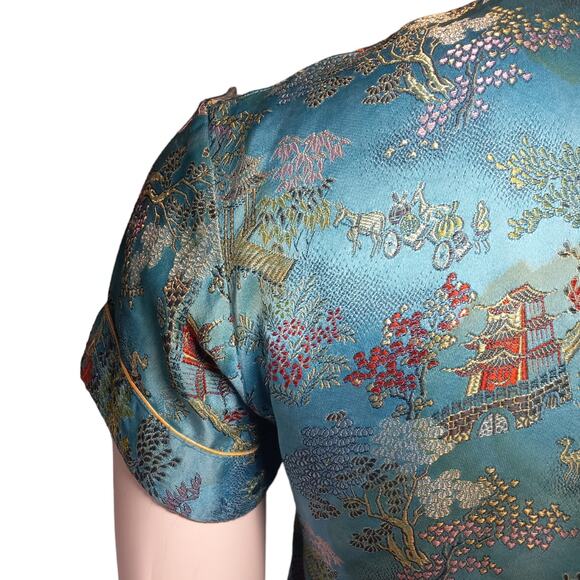 Vntg Peony Shanghai China Silk Jacquard 2pc Set XS Oriental Lounge Quietlux - Picture 11 of 16